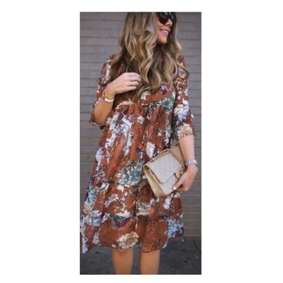 Hemant & Nandita Boho Floral Birds Tiered Zeri Midi Dress Terracotta Brown 8 - Picture 1 of 10